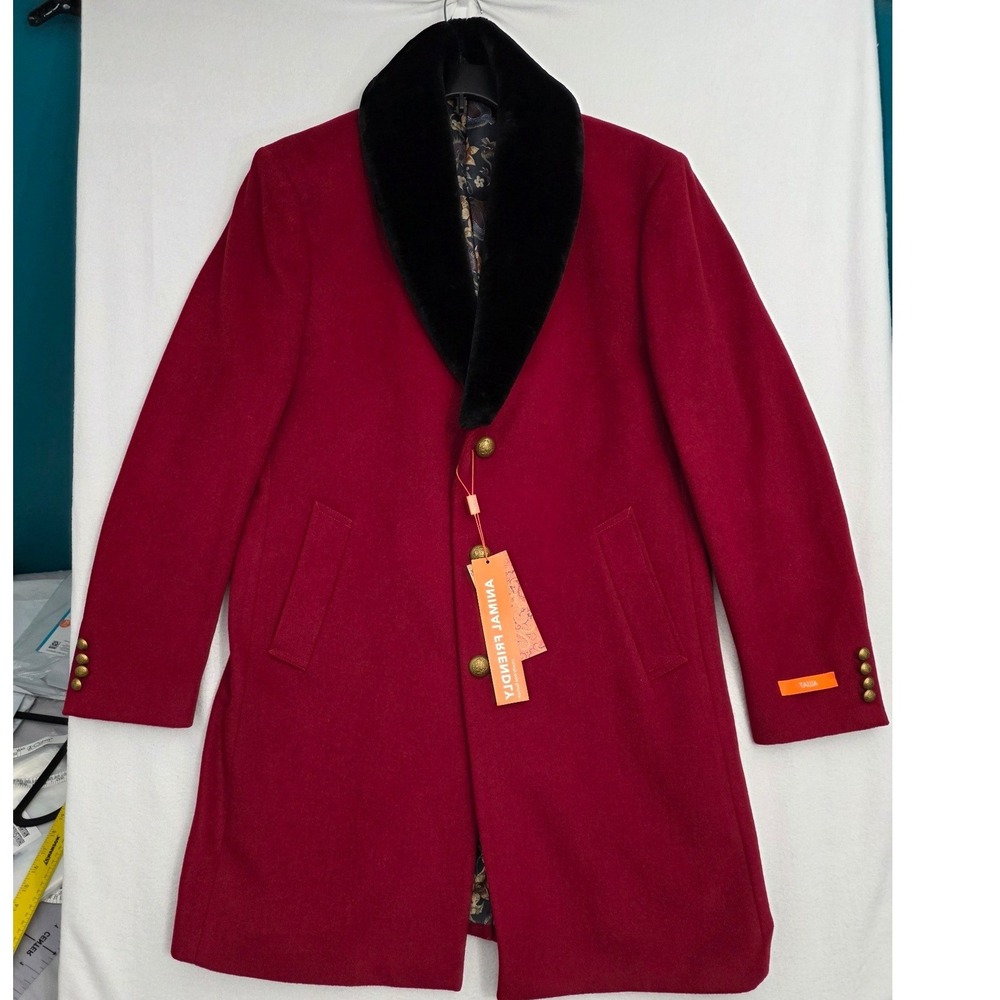 Tallia Virtue Overcoat L Red Wool Blend Faux Fur Collar Dragon Print Lining Coat
